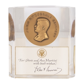 John F. Kennedy Inauguration Medal in Lucite Presented to White House Barber Steven Martini 